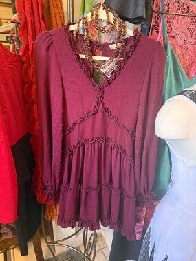 Burgundy Ruffle Tiered Mini Dress – Open Back